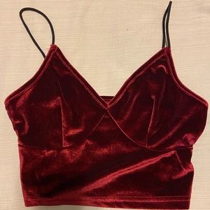 Women's V Neck Sleeveless Velvet Camisole Spaghetti Strap Crop Cami Top Burgundy